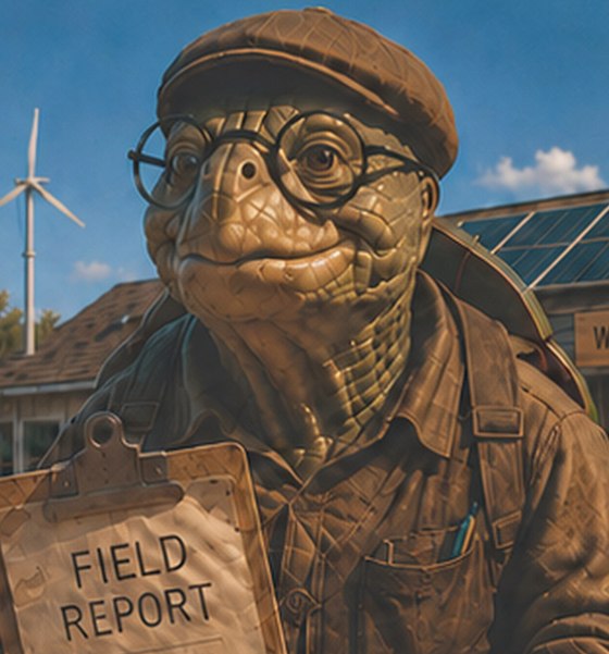 Professor Yourtle, an alien turtle wearing round glasses and a flat cap, holding a field-report clipboard.